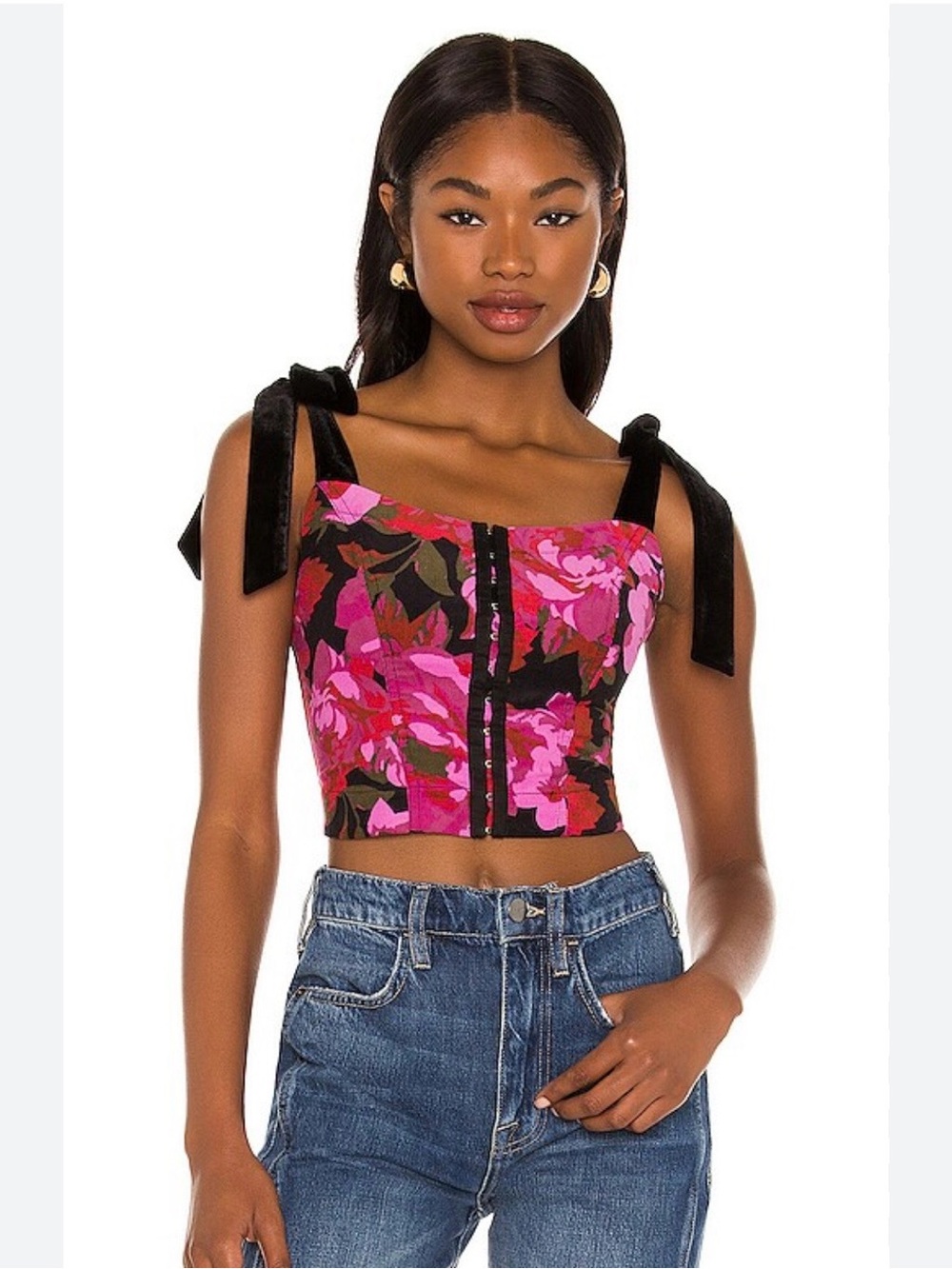 Free People Addie Pink Floral Corset Velvet-Tie Tank Top